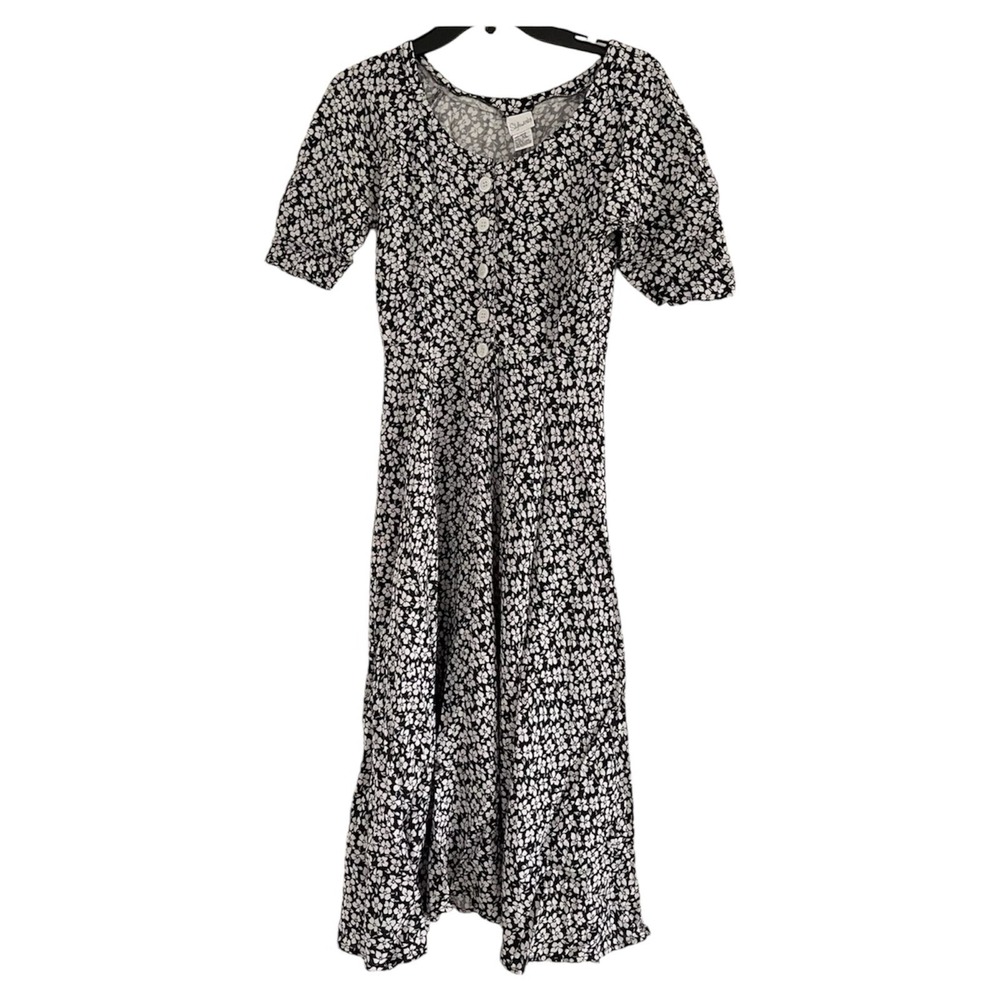 STYLEWORKS Women's Black w/White Hibiscus Flowers 100% Rayon Dress (X-SMALL)